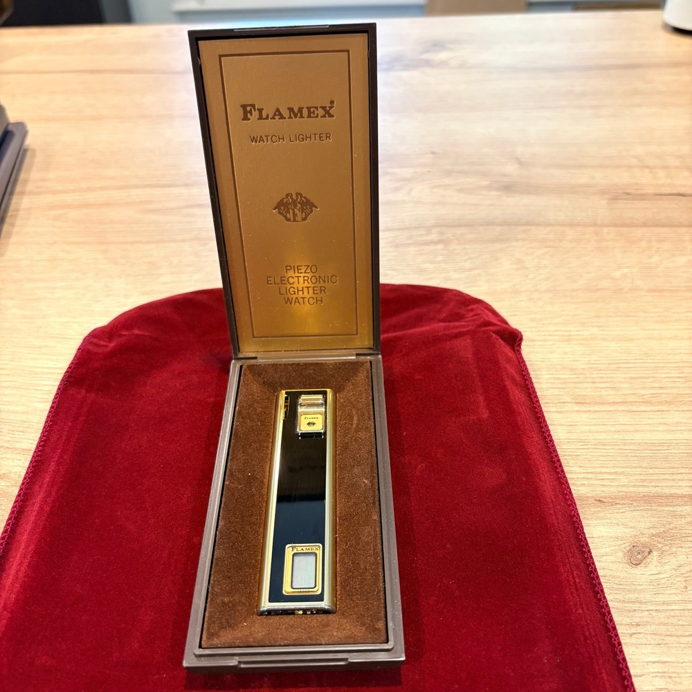 Vintage Flamex Piezo Electronic Watch Lighter Gold Black Japan with Box